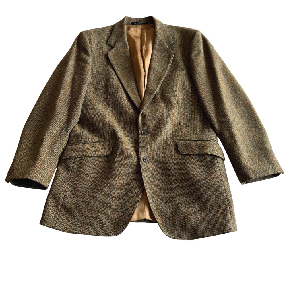 John G Hardy VTG English Wool Herringbone Tweed Plaid Heritage Tan Blazer 40L